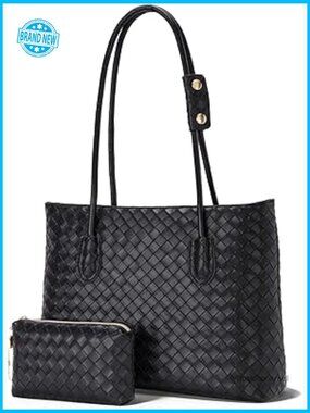 Woven Tote Bag with Zipper & Matching Pouch, Vegan Leather Weekender, Large